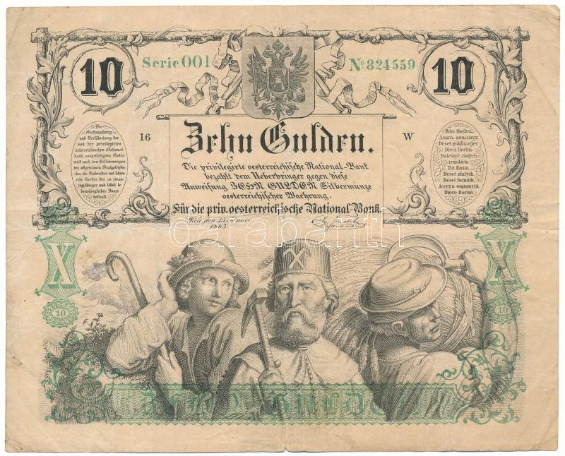 1863. 10G vízjeles papíron "001 824559" T:F apró beszakadás a középső hajtásnál, középen apró lyuk, egyébként erős papír / Habsburg Empire 1863. 10 Gulden on watermarked paper "001 824559" C:F small tear at the middle fold, small hole at the middle, otherwise strong paper Adamo