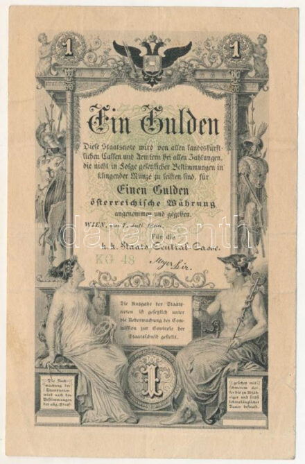 1866. 1G "STN" vízjeles papíron, "KG48" sorszámmal T:F / Austrian Empire 1866. 1 Gulden on "STN" watermarked paper, "KG48" serial number C:F Adamo G97