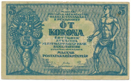 1919. 5K "OSZTRÁK-MAGYAR BANK..." "012 494927" T:F,VG / Hungary 1919. 5 Korona with "012 494927" serial number C:F,VG Adamo K8, Krause P#34
