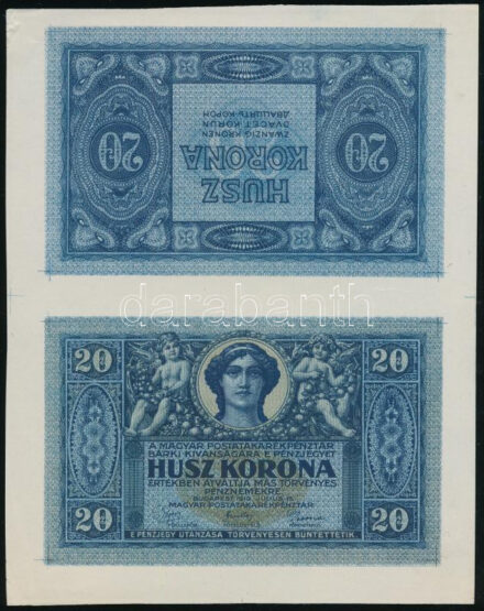 1919. július 15. 20K "Postatakarékpénztári jegy" próbanyomat, tervezte Helbing Ferenc. Elő- és hátlapi nyomat egy oldalon, látható illesztőkeretekkel, az illesztőkeret néhány metszéspontjánál tűnyom. Rendkívül ritka darab, megtekintésre ajánlott! T:UNC,AU RRR! / Hungary 15th July 1915. 20 Korona "Postatakarékpénztári jegy" trial print, design by Helbing Ferenc. Front and back on same side, with visible printing frames, pinholes at some of the intersection points of the frames. Very rare piece! C:UNC,AU RRR! Adamo