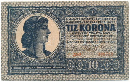 1919. augusztus 9. 10K "F 2060 006792" T:AU,XF hajtatlan, kopott sarkok / Hungary 9th August 1919. 10 Korona "F 2060 006792" C:AU,XF unfolded, worn corners Adamo K13, Krause P#41