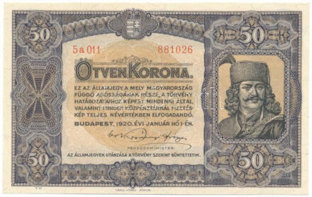 1920. 50K "Orell Füssli Zürich" nyomdahely-jelöléssel, piros "5a 011 881026" sorszámmal T:UNC / Hungary 1920. 50 Korona "Orell Füssli Zürich", with red "5a 011 881026" serial number T:UNC Adamo K25, Krause P#62