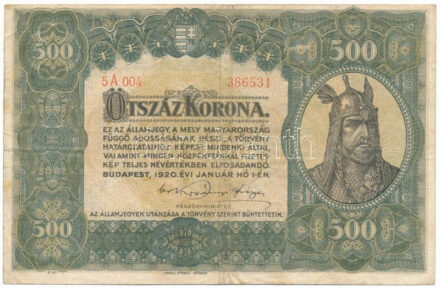 1920. 500K "Orell Füssli Zürich" nyomdahely-jelöléssel, "5A 004 386531" sorszámmal T:F / Hungary 1920. 500 Korona "Orell Füssli Zürich", with "5A 004 386531" serial number T:F Adamo K33, Krause P#65