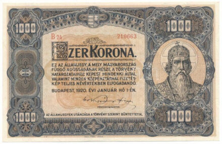 1920. 1000K "Orell Füssli Zürich" nyomdahely-jelöléssel, "B 24 210663" sorszámmal T:F / Hungary 1920. 1000 Korona "Orell Füssli Zürich", with "B 24 210663" serial number T:F Adamo K36, Krause P#66
