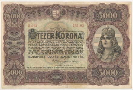 1920. 5000K "Orell Füssli Zürich" nyomdahely jelöléssel, piros "5 B03 292103" sorszámmal T:F kis beszakadás / Hungary 1920. 5000 Korona with "Orell Füssli Zürich" printer's mark, with red "5 B03 292103" serial number C:F small tear Adamo K38