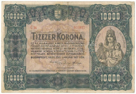 1920. 10.000K "Orell Füssli Zürich" nyomdahely-jelöléssel, "C 34 033927" sorszámmal T:F / Hungary 1920. 10.000 Korona "Orell Füssli Zürich", with "C 34 033927" serial number T:F Adamo K41, Krause P#68