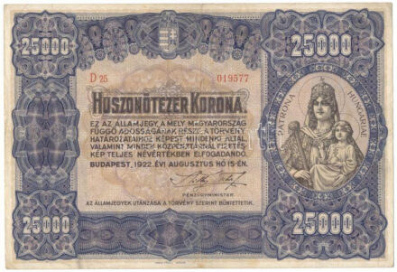 1922. 25.000K "Orell Füssli Zürich" nyomdahely-jelöléssel, "C 34 033927" sorszámmal T:F / Hungary 1922. 25.000 Korona "Orell Füssli Zürich", with "C 34 033927" serial number T:F Adamo K43, Krause P#69