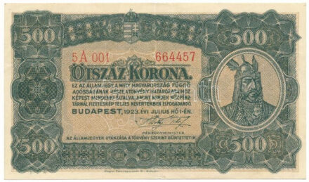 1923. 500K "Magyar Pénzjegynyomda Rt. Budapest" nyomdahely-megjelöléssel, "5A 001 664457" sorszámmal T:XF / Hungary 1923. 500 Korona "Magyar Pénzjegynyomda Rt. Budapest", with "5A 001 664457" serial number C:XF Adamo K34, Krause P#74