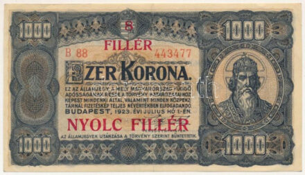1923. 1000K nyomdahely jelölés nélkül, piros "8 FILLÉR - NYOLC FILLÉR" felülbélyegzéssel, "B 88 443477" T:VF / Hungary 1923. 1000 Korona with red "8 FILLÉR - NYOLC FILLÉR" overprint, "B 88 443477" serial number C:VF Adamo K37B