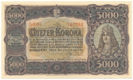 1923. 5000K "Magyar Pénzjegynyomda Rt. Budapest" nyomdahely-megjelöléssel, "5B 01 762343" sorszámmal T:UNC,AU / Hungary 1923. 5000 Korona "Magyar Pénzjegynyomda Rt. Budapest" printer's mark, with "5B 01 762343" serial number C:UNC,AU Adamo K39, Krause