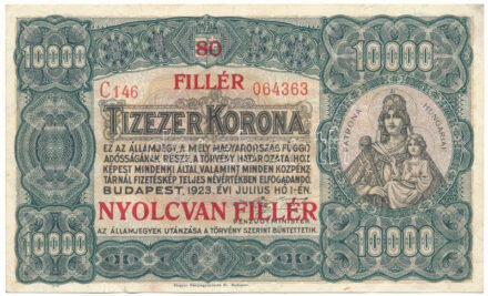 1923. 10.000K "Magyar Pénzjegynyomda Rt. Budapest" nyomdahely-jelöléssel, "80 FILLÉR - NYOLCVAN FILLÉR" felülbélyegzéssel, "C146 064363" sorszámmal T:XF,VF folt / Hungary 1923. 10.000 Korona "Magyar Pénzjegynyomda Rt. Budapest" with "80 FILLÉR - NYOLCVAN FILLÉR" overprint, "C146 064363" C:XF,VF spotted Adamo K42, Krause