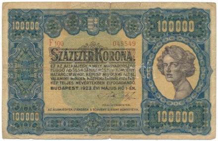 1923. 100.000K "Orell Füssli Zürich" nyomdahely jelöléssel, "F100 045549" sorszámmal T:VG / Hungary 1923. 100.000 Korona with "Orell Füssli Zürich" printer's mark and "F100 045549" serial number C:VG Adamo K46