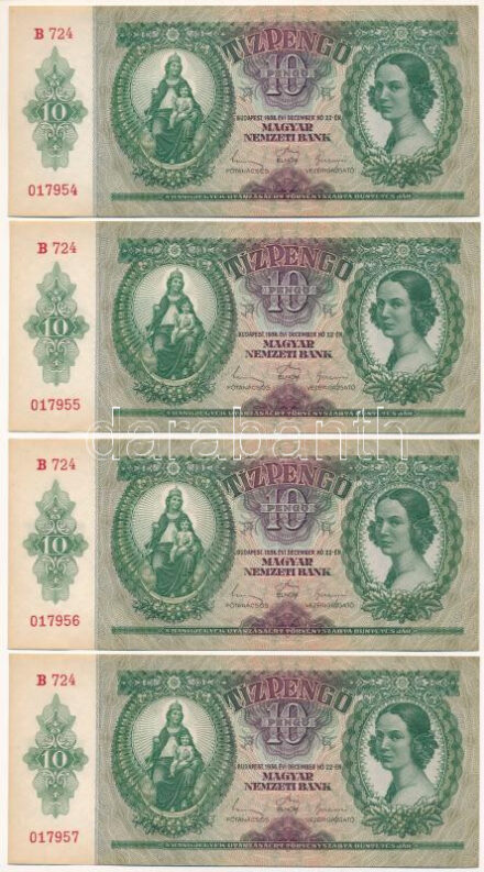 1936. 10P (4x) sorszámkövetők "B 724 017954 - B 724 017957" T:UNC,AU / Hungary 1936. 10 Pengő (4x) consecutive serials "B 724 017954 - B 724 017957" C:UNC,AU Adamo P9