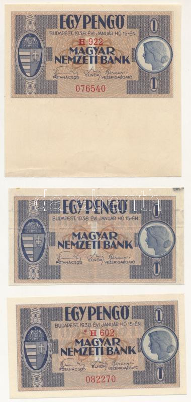 1938. 1P "H 922 076540" ívszéllel + 1P II. kiadás "*H 602 082270" + 1P sorozat- és sorszám nélkül T:AU-F ívszélen kis beszakadás / Hungary 1938. 1 Pengő "H 922 076540" with sheet edge + 1 Pengő 2nd edition "*H 602 082270" + 1 Pengő without serial number C:AU-F small tear on the sheet edge Adamo SP1e, P1A,
