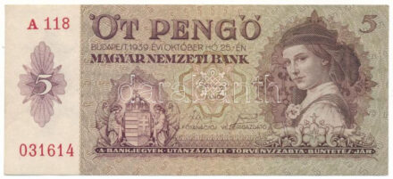 1939. 5P "A 118 031614" T:AU / Hungary 1939. 5 Pengő "A 118 031614" C:AU  Adamo P6