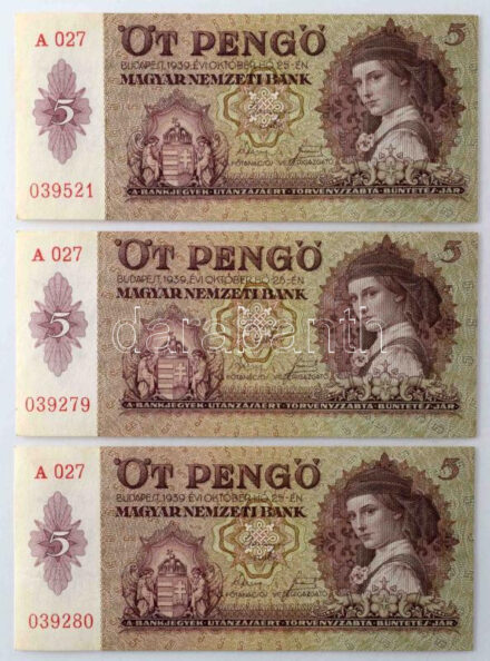 1939. 5P (3x, ebből 2x sorszámkövetők) T:UNC,AU / Hungary 1939. 5 Pengő (3x, with 2x sequential serials) C:UNC,AU Adamo P6