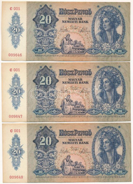 1941. 20P (3x) sorszámkövetők "C 001 009646 - C 001 009648" T:UNC,AU / Hungary 1941. 20 Pengő (3x) consecutive serials "C 001 009646 - C 001 009648" C:UNC,AU Adamo P12