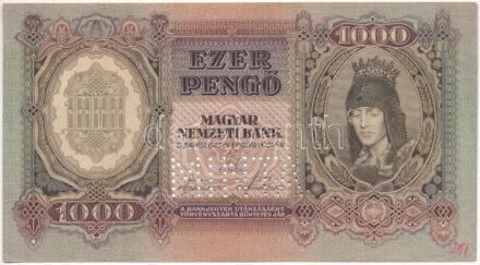 1943. 1000P "MINTA" perforációval, "000"-ás sorszámmal T:AU, kis sarokhajlások, jobb alsó sarokban ceruzás "251" jelölés / Hungary 1943. 1000 Pengő with "MINTA (specimen)" perforation, "000" serials C:AU, small corner folds, in the lower-right corner pencil written "251" mark Adamo