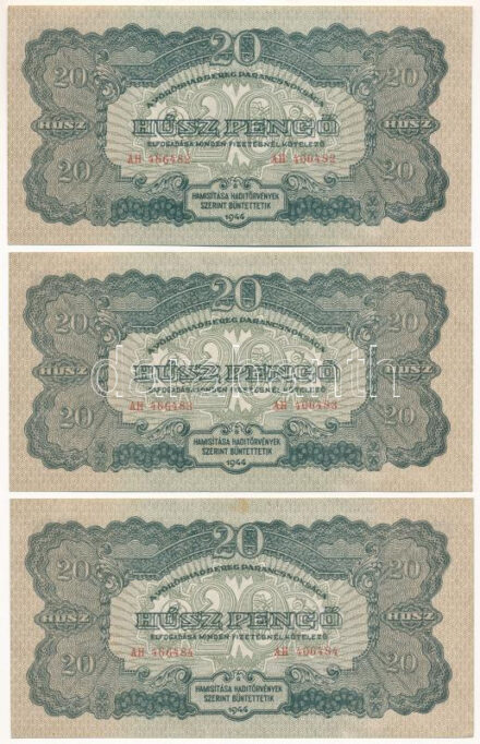 1944. 20P "A Vöröshadsereg Parancsnoksága" (3x) sorszámkövetők "AH 466482 - AH 466484" T:XF,VF / Hungary 1944. 20 Pengő "A Vöröshadsereg Parancsnoksága" (3x) consecutive serials "AH 466482 - AH 466484" C:XF,VF Adamo P45