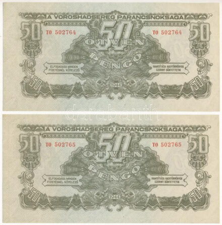 1944. 50P "A Vöröshadsereg Parancsnoksága" (2x) sorszámkövetők "T0 502764 - T0 502765" T:AU / Hungary 1944. 50 Pengő "Headquarters of the Red Army" consecutive serials "T0 502764 - T0 502765" C:AU  Adamo P46