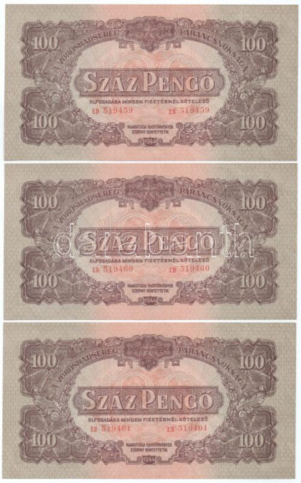 1944. 100P "A Vöröshadsereg Parancsnoksága", "EB 519459 - EB 519464" (6x) sorszámkövetők T:UNC,AU / Hungary 1944. 100 Pengő "A Vöröshadsereg Parancsnoksága" (6x), consecutive serials "EB 519459 - EB 519464" C:UNC,AU Adamo P47