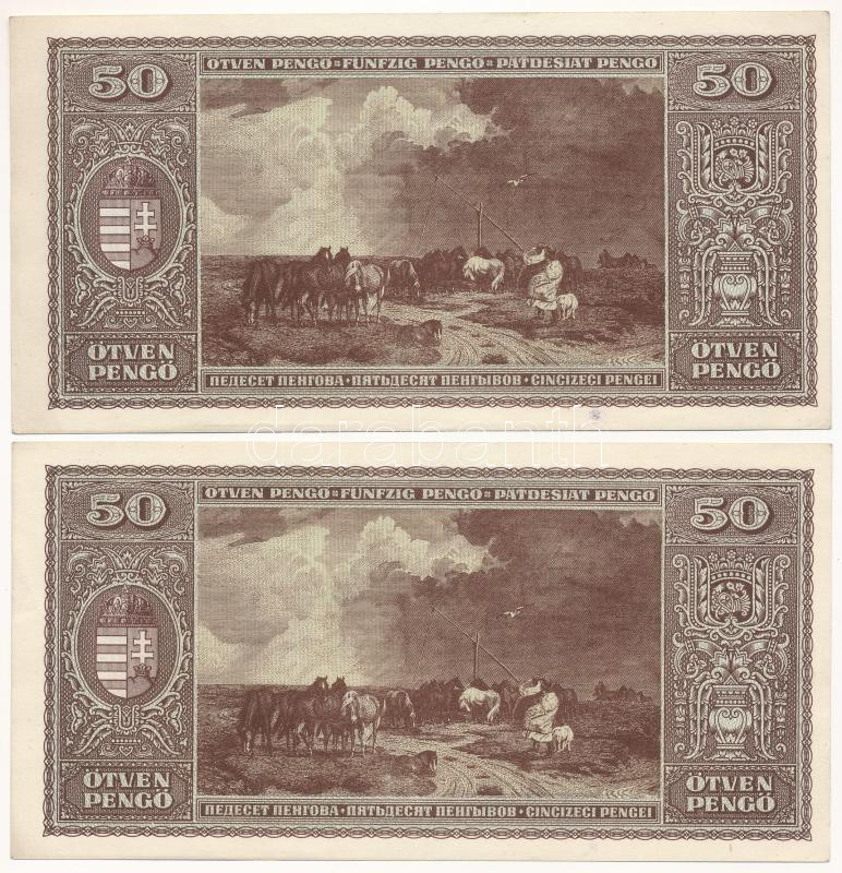 1945. 50P (2x) sorszámkövetők "D 014 049065 - D 014 049066" T:AU,XF hajtatlan, de kis fo., sarokhajlások / Hungary 1945. 50 Pengő (2x) consecutive serials "D 014 049065 - D 014 049066" C:AU,XF unfolded, but with corner folds and small spots Adamo - Image 2