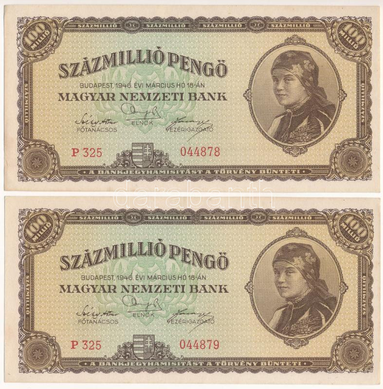 1946. 100.000.000P (2x) sorszámkövetők "P 325 044878 - P 325 044879" T:AU / Hungary 1946. 100.000.000 Pengő (2x) consecutive serials "P 325 044878 - P 325 044879" C:AU Adamo P27