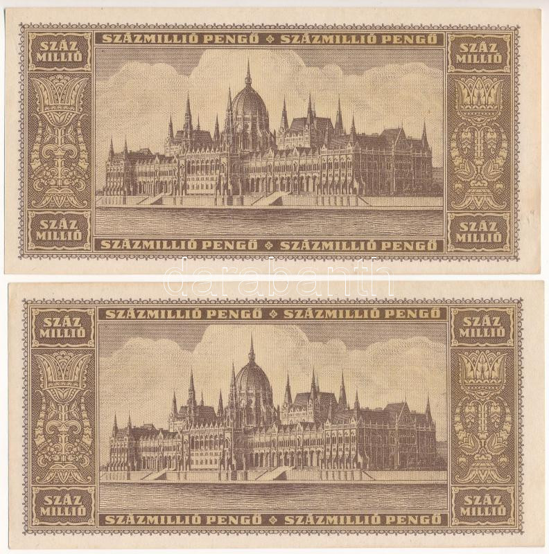 1946. 100.000.000P (2x) sorszámkövetők "P 325 044878 - P 325 044879" T:AU / Hungary 1946. 100.000.000 Pengő (2x) consecutive serials "P 325 044878 - P 325 044879" C:AU Adamo P27 - Image 2