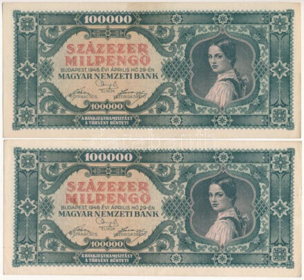 1946. 100.000MP (2x) sorszámkövetők "B 022 084691 - B 022 084692" T:F, szép papír / Hungary 1946. 100.000 Milpengő (2x) consecutive serials "B 022 084691 - B 022 084692" C:F, fine paper Adamo P30