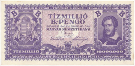 1946. 10.000.000BP T:AU jobb alsó sarokban kis fo. / Hungary 1946. 10.000.000 BilPengő C:AU in the lower-right corner small spot Adamo P38, Krause 135