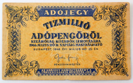 1946. 10.000.000AP sorszámozás nélküli, "vitorlás" vízjeles papíron és fordított címerrel T:F,VG / Hungary 1946. 10.000.000 Adópengő withhout serial number on "sailboat" watermarked paper, and with reverse coat of arms C:F,VG Adamo P54A, Krause