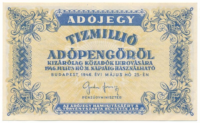 1946. 10.000.000AP vízjel és sorszám nélkül T:AU / Hungary 1946. 10.000.000 Adópengő without watermark and serial number C:AU Adamo P54, Krause 141