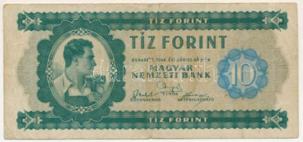 1946. 10Ft "A 894 039547" T:F,VG / Hungary 1946. 10 Forint "A 894 039547" C:F,VG Adamo F1, Krause 159