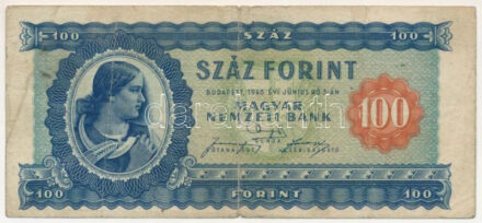 1946. 100Ft "B 015 099840" T:F,VG / Hungary 1946. 100 Forint "B 015 099840" C:F,VG Adamo F26, Krause 160