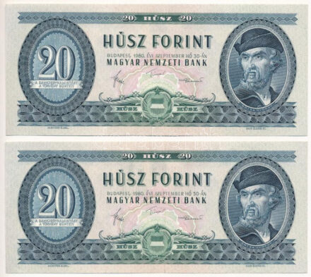 1980. 20Ft (2x) sorszámkövetők "C 363 043852 - C 363 043853" T:UNC,AU / Hungary 1980. 20 Forint (2x) consecutive serials "C 363 043852 - C 363 043853" C:UNC,AU Adamo F17, Krause 169.g