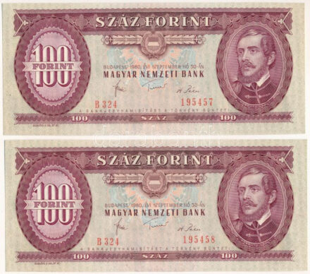 1980. 100Ft (2x) sorszámkövetők "B 324 195457 - B 324 195458" T:UNC,AU / Hungary 1980. 100 Forint (2x) consecutive serials "B 324 195457 - B 324 195458" C:UNC,AU Adamo F34, Krause 171.f