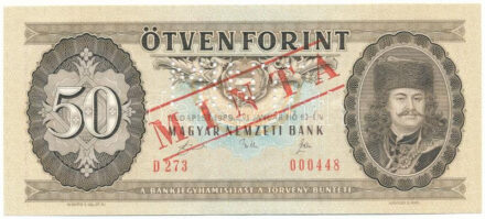 1989. 50Ft "MINTA" perforációval és felülnyomással "D 273 000448" nyomdai papírránccal T:UNC / Hungary 1989. 50 Forint "SPECIMEN" with perforation and overprint "D 273 000448", with typographical creases C:UNC Krause 170.h