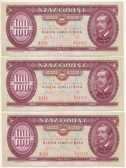 1989. 100Ft (3x), sorszámkövetők "B 124 044321 - B 124 044323" sorszámmal T:UNC,AU / Hungary 1989. 100 Forint (3x), consecutive serials "B 124 044321 - B 124 044323" serial numbers C:UNC,AU Adamo F35, Krause 171.h