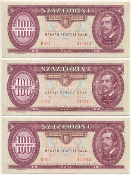 1992. 100Ft (3x) sorszámkövetők "B 412 024263 - B 412 024265" T:UNC,AU / Hungary 1992. 100 Forint (3x) consecutive serials "B 412 024263 - B 412 024265" C:UNC,AU Adamo F37, Krause 174.a