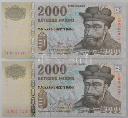 2013. 2000Ft (2x) sorszámkövetők "CB 0551023 - CB 0551024" T:AU / Hungary 2013. 2000 Forint (2x) consecutive serials "CB 0551023 - CB 0551024" C:AU Krause 198.e