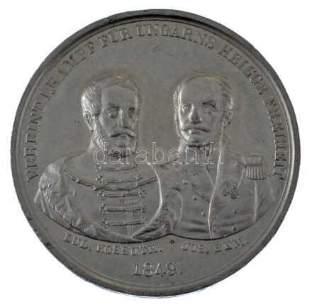 ~1849. "Kossuth Lajos és Bem József közös küzdelme a szent magyar szabadságért" német nyelvű ón emlékérem. Szign.: Drentwett (40mm) T:XF,VF ph, karc