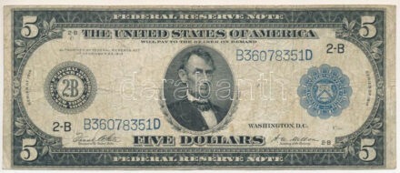Amerikai Egyesült Államok 1921-1928. (1914) 5$ "B36078351D" "Federal Reserve Note - nagyméretű kék pecsét, "Frank White - Andrew Mellon" T:F,VG / USA 1921-1928. (1914) 5 Dollars "B 27646424 B" "Federal Reserve Note - Large-size blue seal, "Frank White - Andrew Mellon" " C:F,VG Krause