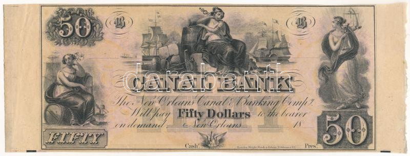 Amerikai Egyesült Államok 1841-1851. 50$ "Serie B" "New Orleans Canal & Banking Co." kitöltetlen T:VF / USA 1841-1851. 50 Dollars "Serie B" "New Orleans Canal & Banking Co." unfilled C:VF