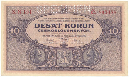Csehszlovákia 1927. 10K "SPECIMEN (MINTA)" perforációval "S.N 194 C 803088" T:AU / Czechoslovakia 1927. 10 Korun with "SPECIMEN" perforation, "S.N 194 C 803088" C:AU Krause 20.s