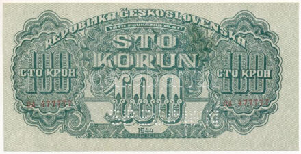 Csehszlovákia 1944. 100K "OA 477777", "SPECIMEN (MINTA)" perforációval T:XF,VF / Czechoslovakia 1944. 100 Korun "OA 477777", with "SPECIMEN" perforation C:XF,VF Krause 48.s