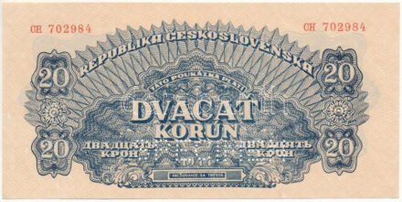 Csehszlovákia 1944. 20K "CH 702984", "SPECIMEN (MINTA)" perforációval T:XF Czechoslovakia 1944. 20 Korun "CH 702984", with "SPECIMEN" perforation C:XF Krause 47.s