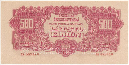 Csehszlovákia 1944. 500K "XA 083410", "SPECIMEN (MINTA)" perforációval T:XF,VF / Czechoslovakia 1944. 500 Korun "XA 083410", with "SPECIMEN" perforation C:XF,VF Krause 49.s