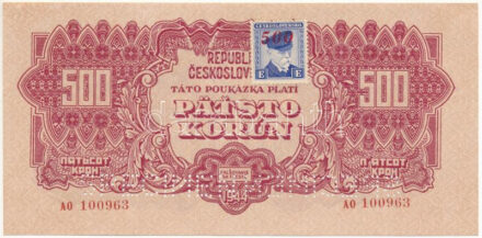 Csehszlovákia 1944. 500K "SPECIMEN (MINTA)" perforációval, felülbélyegzett csehszlovák bélyeggel, "A0 100963" T:XF / Czechoslovakia 1944. 500 Korun with "SPECIMEN" perforation with overprinted Czechoslovak stamp, "A0 100963" C:XF Krause 55.s