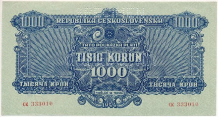 Csehszlovákia 1944. 1000K "CK 333010", "SPECIMEN (MINTA)" perforációval T:AU / Czechoslovakia 1944. 1000 Korun "CK 333010", with "SPECIMEN" perforation C:AU Krause 50.s