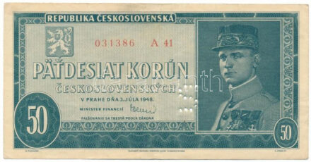 Csehszlovákia 1948. 50K "S" minta perforációval, "A 41 031386" T:F Czechoslovakia 1948. 50 Korun with "S" as specimen perforation, "A 41 031386" C:F Krause 66.s